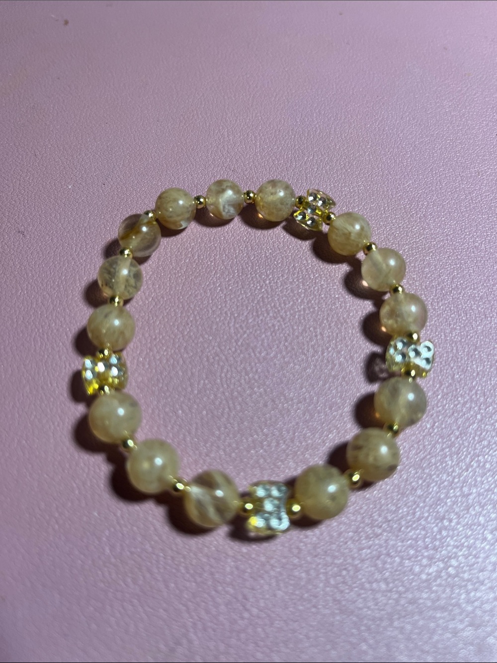 Gold-Tone Beige Beaded Stretch Bracelet with Crystal Accents